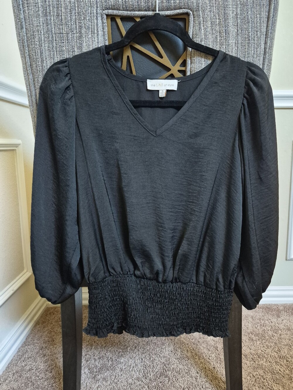 Black V-Neck Puff Sleeve Smocked-Hem Blouse The Line Of Style